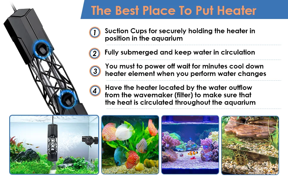 Hygger aquarium heater placement guide with suction cups, submersion, cooling, and wave maker integration for optimal water c