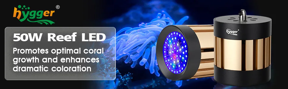 Hygger 50W Reef LED aquarium light promoting coral growth and vibrant coloration with blue anemone background