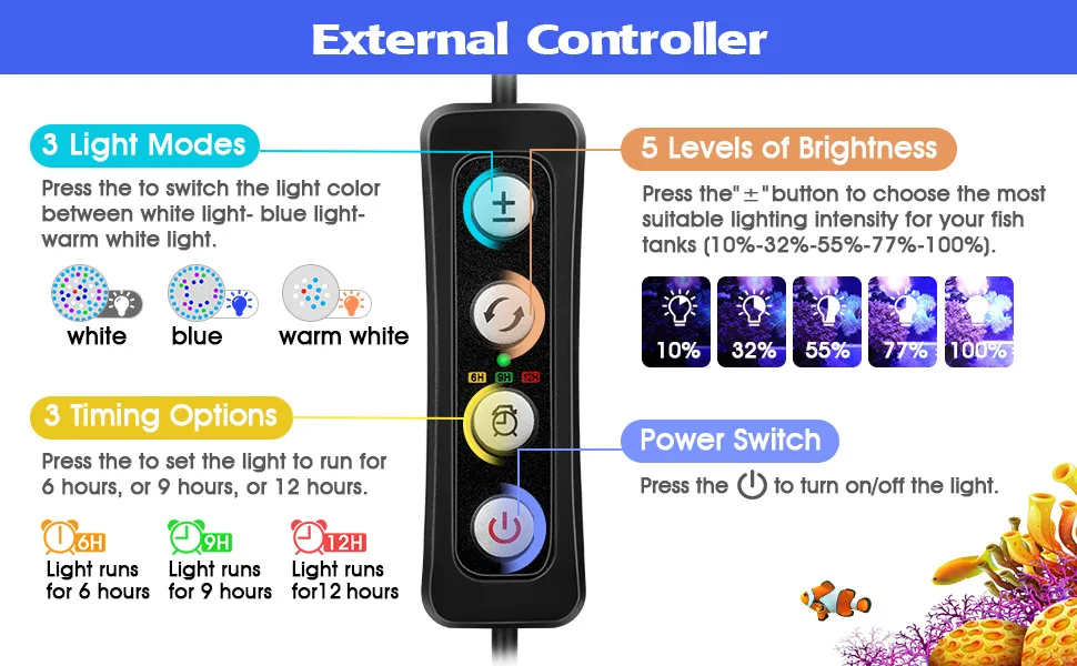 External aquarium controller with 3 light modes, 5 brightness levels, and timing options for fish tanks.