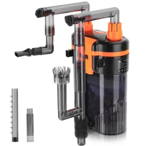 Hygger aquarium filter system with transparent tubes, orange and black design, and various accessories for efficient water pu