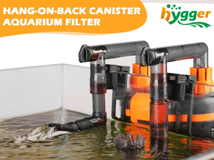 Hygger Hang-On-Back Canister Filter for aquariums with orange and black design, showing water flow and fish