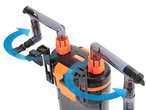 Hygger aquarium filter system with blue arrows showing water flow path for efficient cleaning