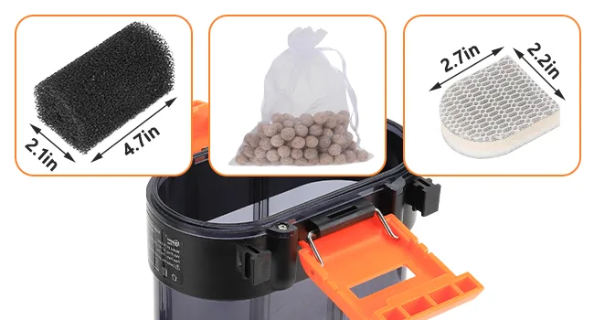 Hygger aquarium filter components: black sponge (2.1in x 4.7in), ceramic balls, and white honeycomb filter (2.7in x 2.2in) fo