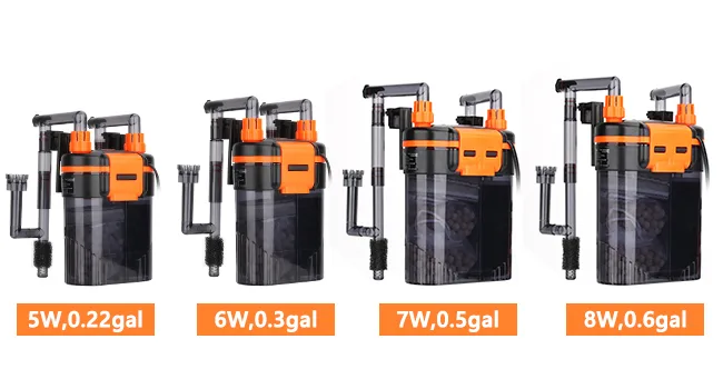 Hygger aquarium filters in 5W, 6W, 7W, and 8W power options with capacities from 0.22gal to 0.6gal, featuring orange and blac