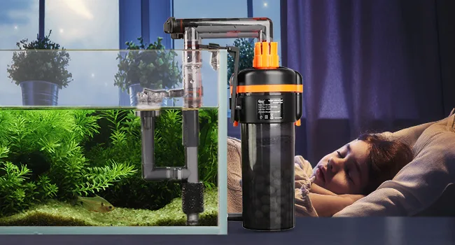 A serene bedroom scene with a lush green aquarium featuring a Hygger filtration system, showcasing clean water and healthy pl