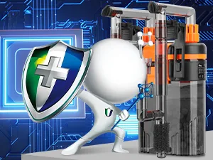 A white 3D character holding a shield with a plus sign, standing next to a server rack in a futuristic digital environment.