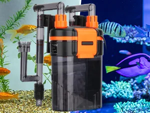 Hygger aquarium filter with orange accents, featuring suction cups and clear tubes for efficient water purification in a vibr