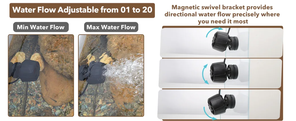 Hygger aquarium water flow adjuster with min/max settings and magnetic swivel bracket for precise directional water flow cont