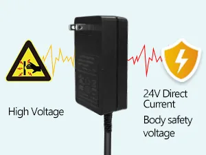 Hygger aquarium power adapter with high voltage warning and 24V direct current body safety voltage diagram