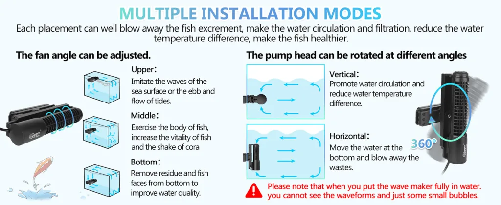 Hygger aquarium wave maker with adjustable fan angle and pump head rotation for water circulation and fish health