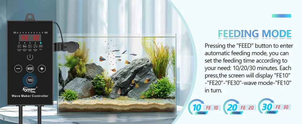 Hygger Wave Maker Controller with feeding mode settings for aquarium, showing FE10, FE20, FE30 options and fish tank setup.