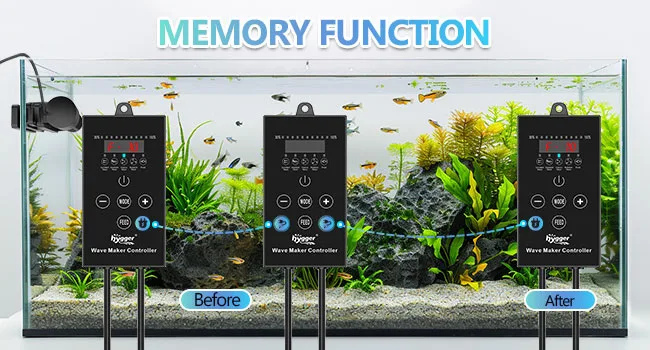 Hygger Wave Maker Controller with Memory Function for aquariums, showing Before and After setups with fish and plants.