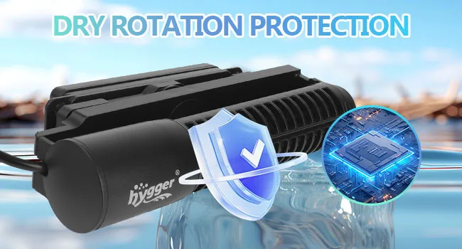 Hygger aquarium pump with dry rotation protection shield and circuit board close-up