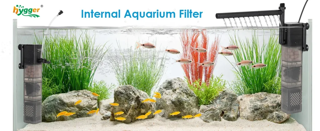 Hygger internal aquarium filter with fish, plants, and rocks in a clean tank setup