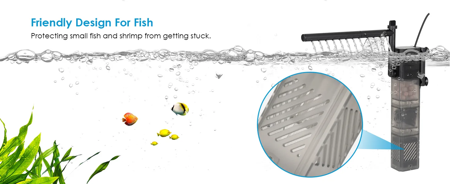 Hygger aquarium filter with friendly design for small fish and shrimp, preventing them from getting stuck.