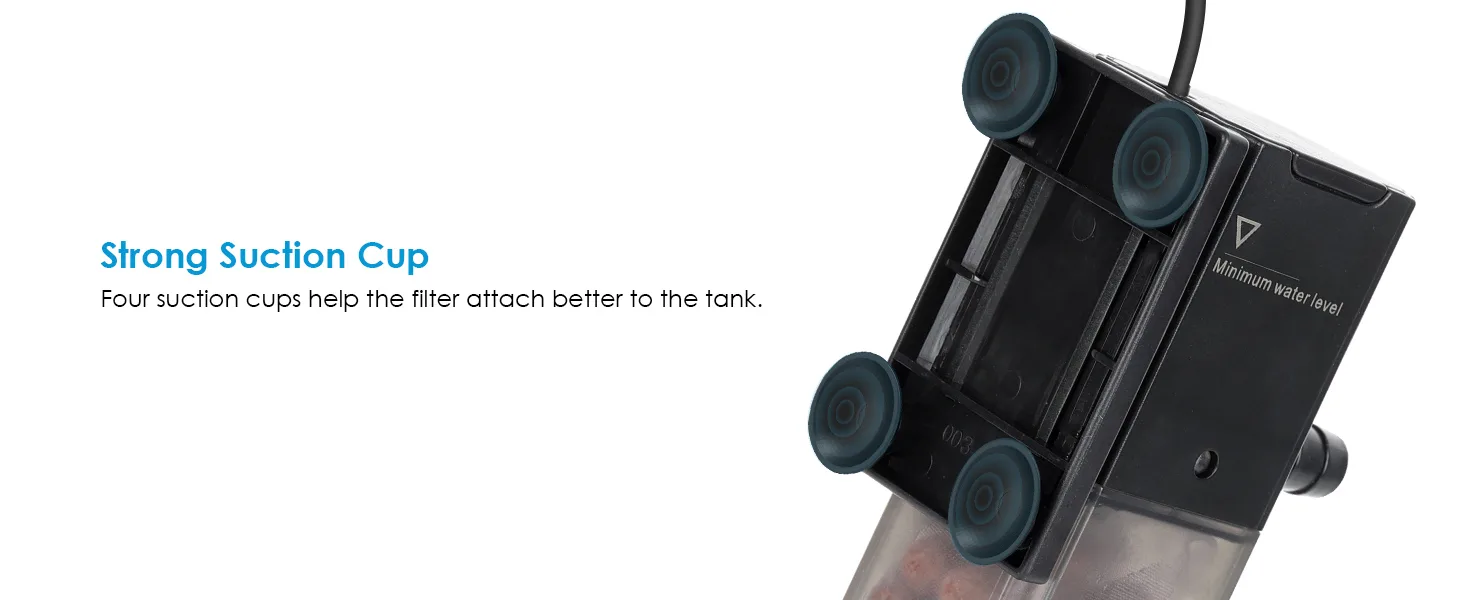 Hygger aquarium filter with four strong suction cups for secure tank attachment and minimum water level indicator