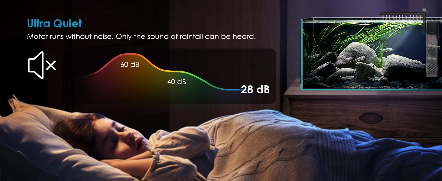Ultra Quiet Hygger Aquarium with 28 dB noise level, featuring a serene fish tank beside a sleeping person.