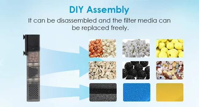 DIY aquarium filter media replacement options with various media types for easy assembly and maintenance.