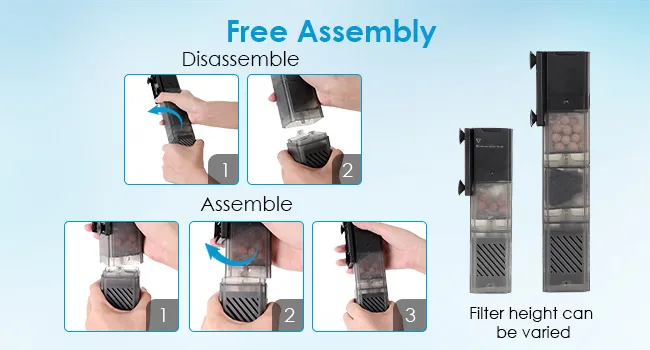 Step-by-step guide for disassembling and assembling Hygger aquarium filter with adjustable filter height