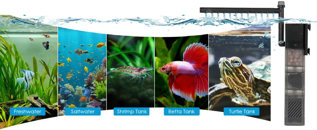 Hygger aquarium filter for freshwater, saltwater, shrimp, betta, and turtle tanks with clear water and vibrant aquatic life