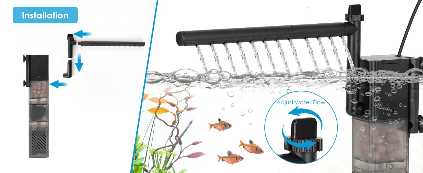 Hygger aquarium water filter with adjustable flow and installation guide for fish tank maintenance