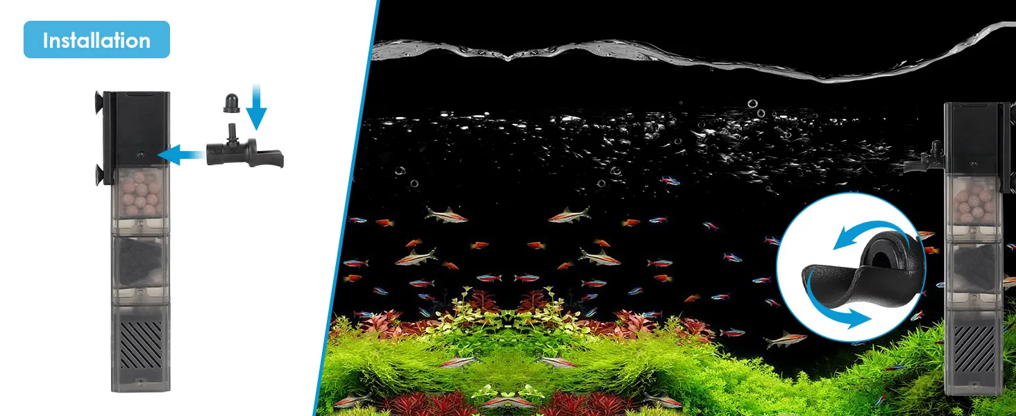 Hygger aquarium filter installation guide showing side view with valve connection and internal filtration process with fish a
