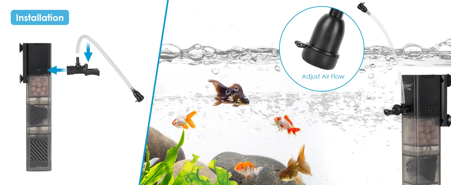 Hygger aquarium air pump with adjustable airflow for fish tank, showing installation and fish swimming