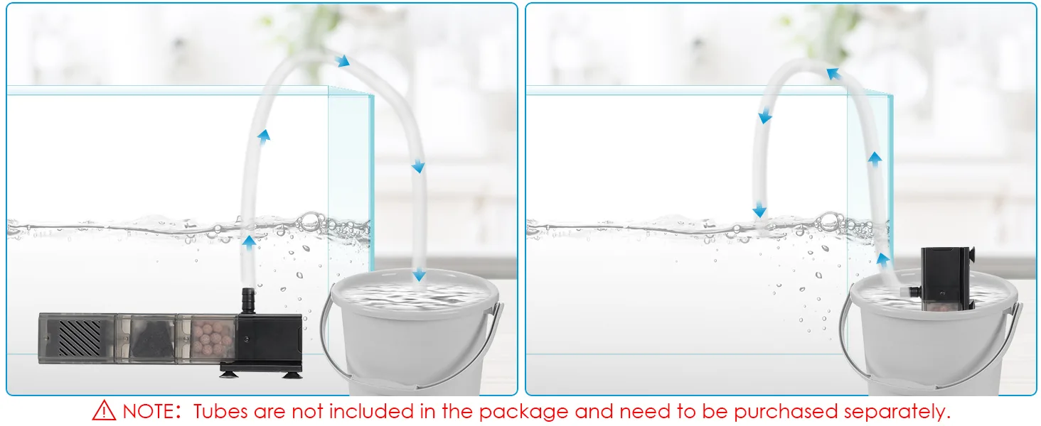 Hygger aquarium water circulation system with pump and bucket, showing water flow direction for aquarium maintenance.