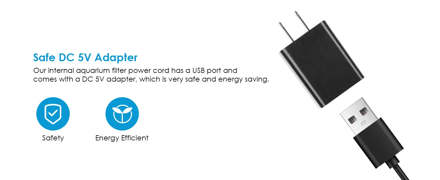 Safe DC 5V USB Adapter for Aquarium Filter Power Cord with Safety and Energy Efficiency Icons