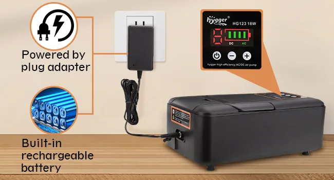 Hygger HG12318W aquarium heater with plug adapter and built-in rechargeable battery, showing power input and control panel