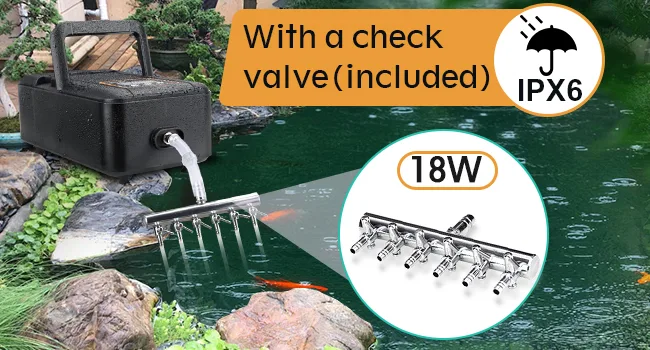 Hygger 18W pond aerator with check valve and IPX6 waterproof rating, shown in garden pond with fish and rocks