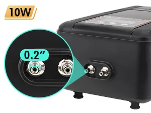 Close-up of Hygger aquarium heater with 10W power label and 0.2-inch connector ports