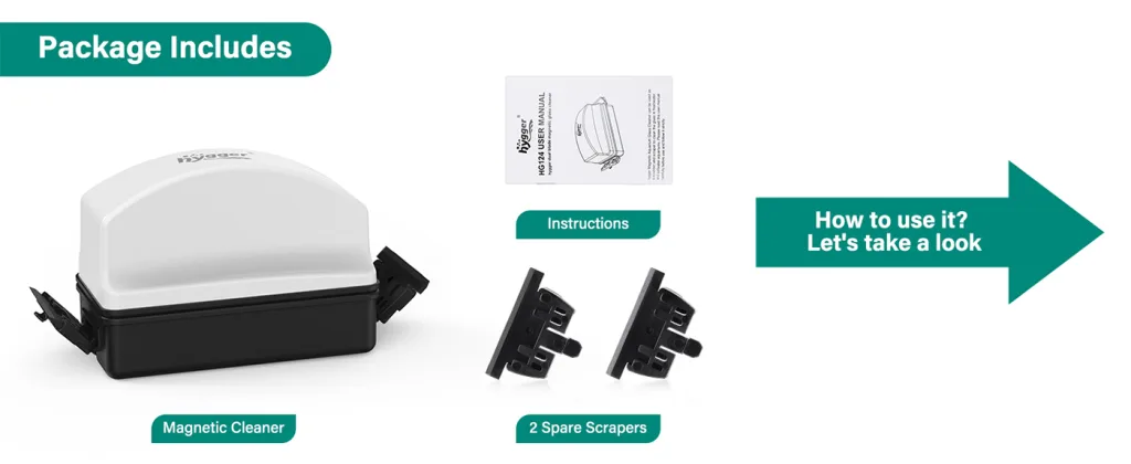 Hygger aquarium magnetic cleaner with 2 spare scrapers and user manual package contents