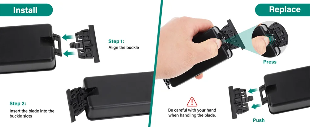 Step-by-step guide for installing and replacing aquarium filter blades with alignment and insertion instructions.