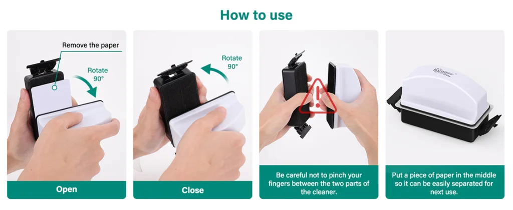 Step-by-step guide for using Hygger aquarium cleaner: open, rotate, close, and store with paper.