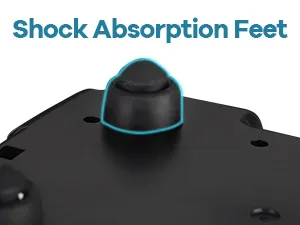 Close-up of black shock absorption feet on a hygger aquarium base with blue outline highlighting the feature.