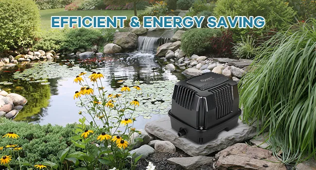 Efficient energy-saving pond pump in a serene garden with waterfall, lily pads, and vibrant yellow flowers.