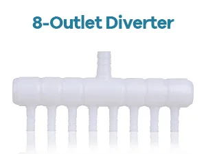 8-outlet diverter for aquariums with 8 ports and central connection, white plastic design