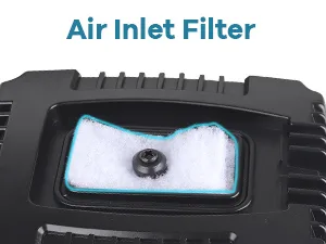 Close-up of Hygger aquarium air inlet filter with white foam and blue border, showing filter component for aquarium equipment