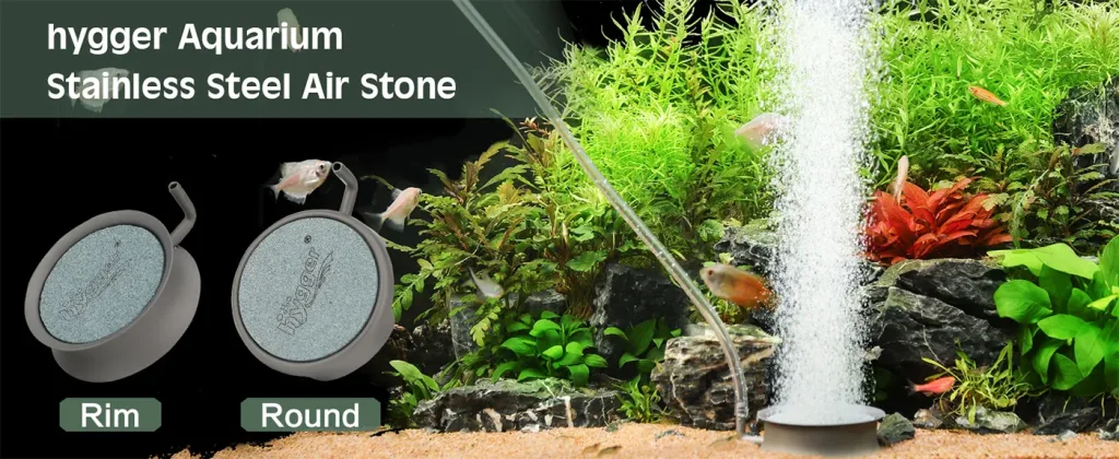 hygger stainless steel air stone for aquariums with rim and round models creating bubbles in a planted tank with fish