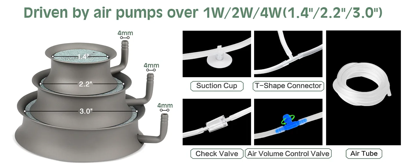 Hygger aquarium air pump system with 1.4"/2.2"/3.0" sizes, 4mm tubing, suction cup, T-shape connector, check valve, and air v