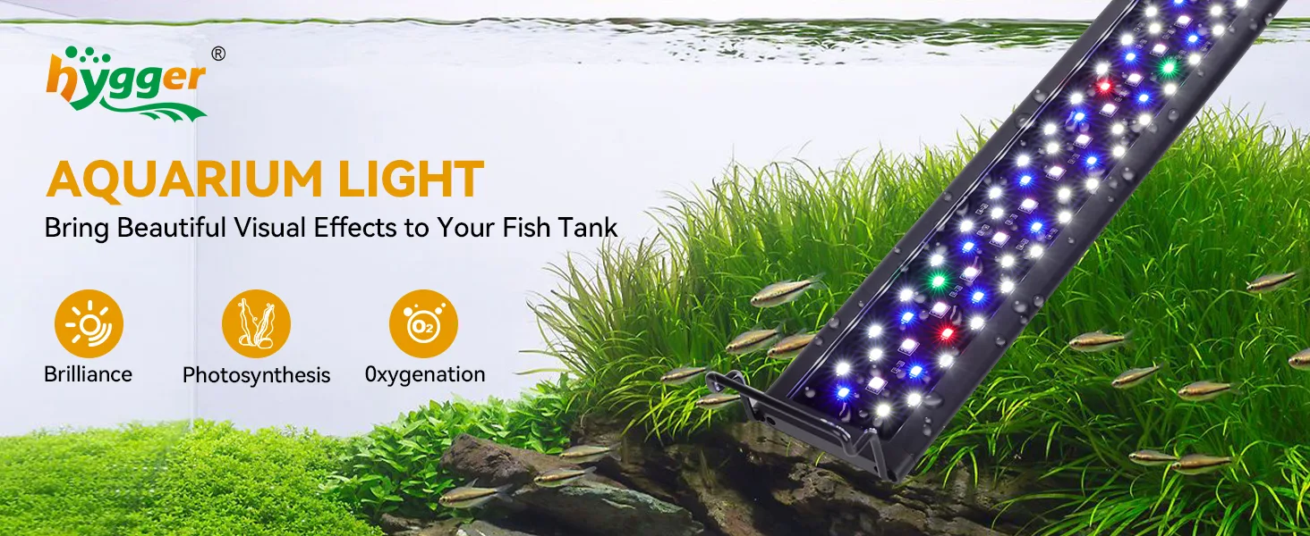 Hygger aquarium light with colorful LED display, enhancing fish tank visuals for photosynthesis and oxygenation