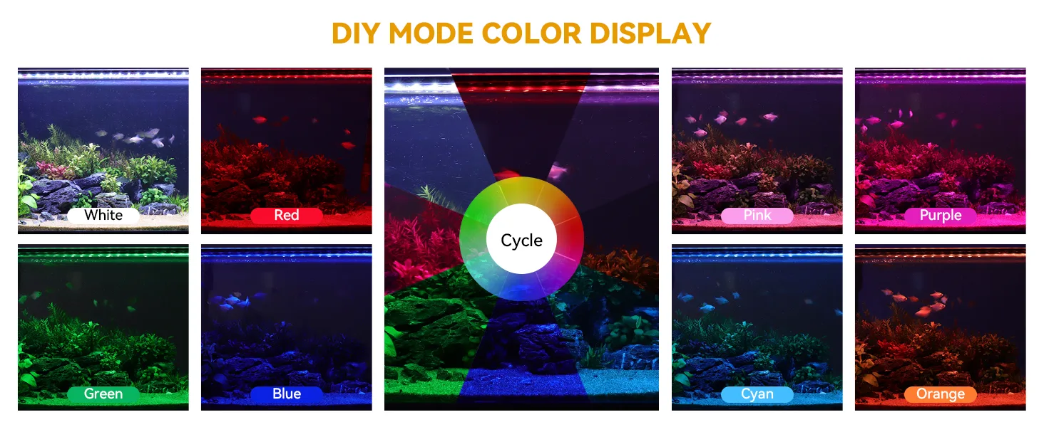 DIY Mode Color Display for Hygger Aquariums: White, Red, Blue, Green, Cyan, Purple, Pink, Orange, and Cycle options shown wit