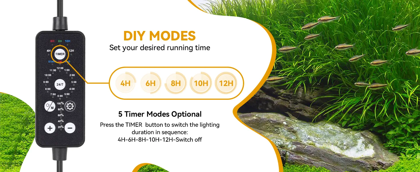 Hygger aquarium timer with DIY modes for 4H-12H lighting schedules, featuring 5 timer options and adjustable settings for fis