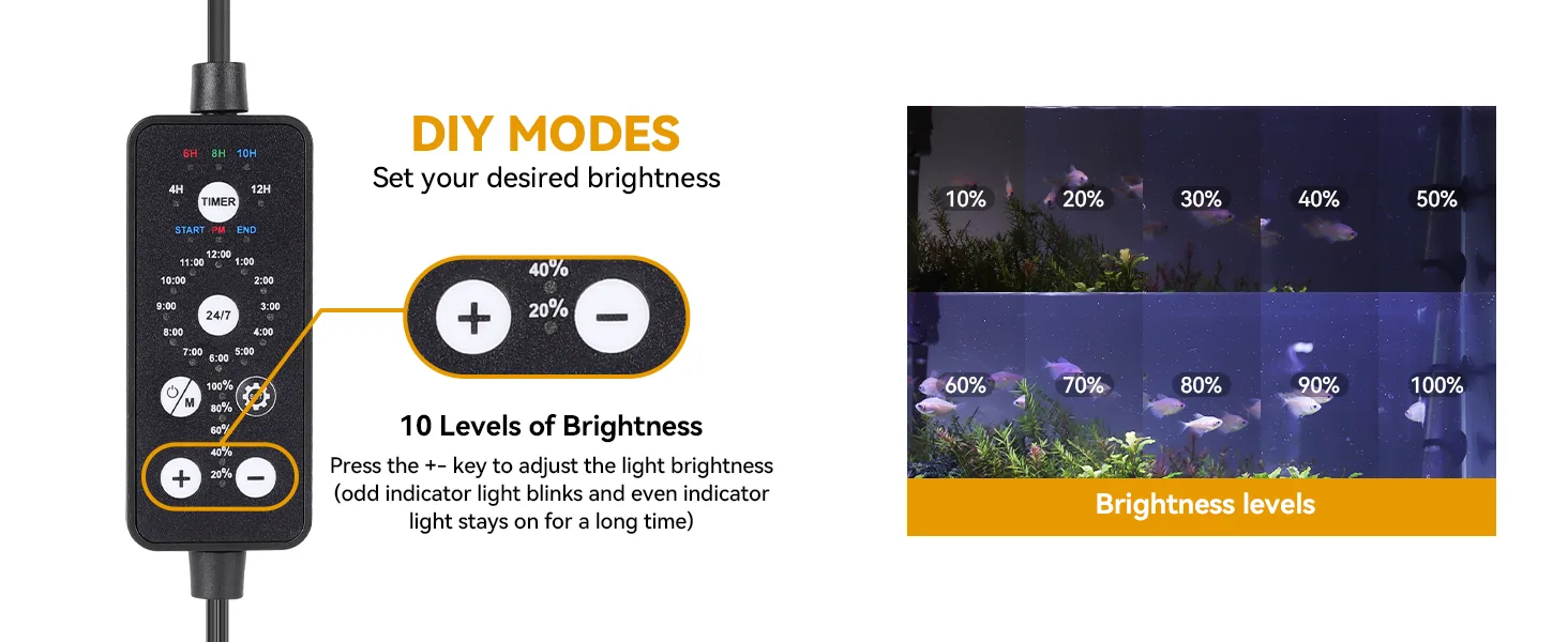 Hygger aquarium light controller with DIY brightness modes, 10 adjustable levels from 10% to 100% for optimal fish tank light