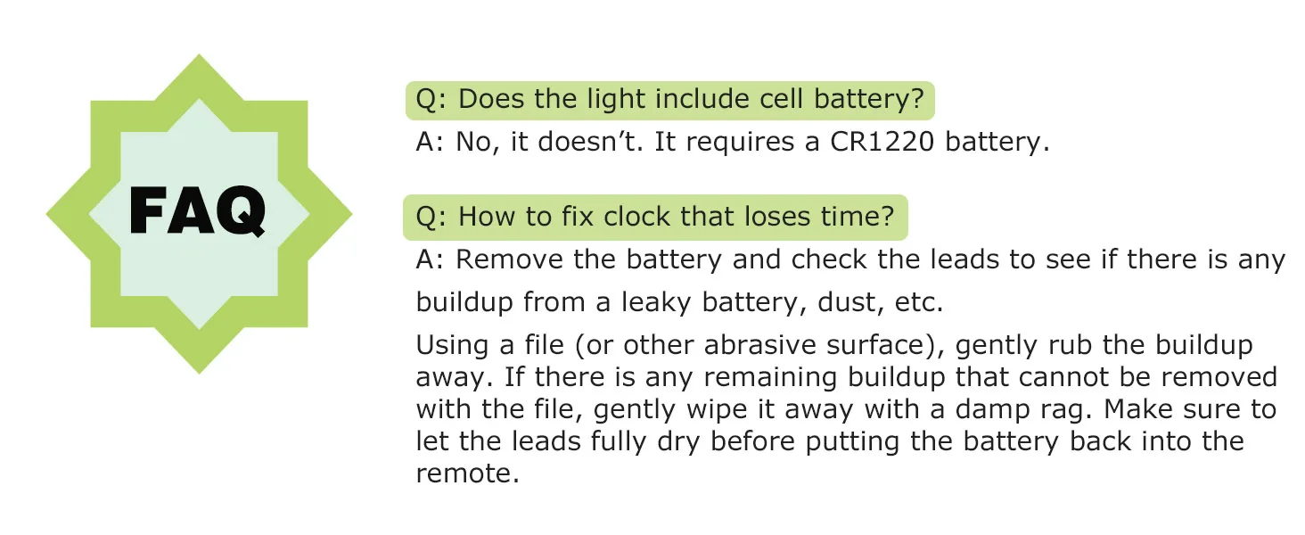 FAQ section for hygger aquarium light and clock troubleshooting with battery info
