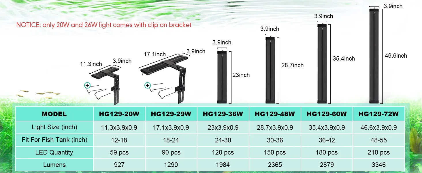 Hygger HG129 series aquarium LED lights with clip-on brackets for 20W, 26W, 36W, 48W, 60W, 72W models. Sizes, lumens, and tan