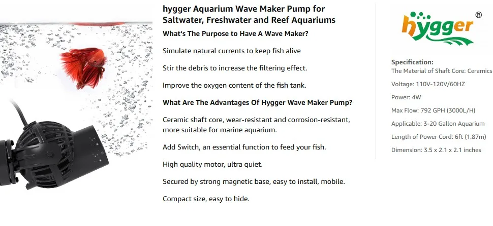 Hygger Wave Maker Pump for Saltwater Aquariums with Ceramic Shaft Core and Adjustable Flow Rate