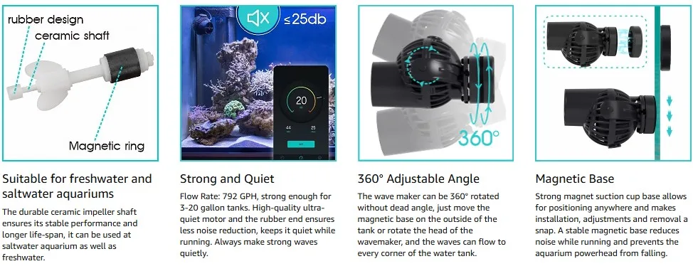 Hygger aquarium wave maker with ceramic shaft, magnetic ring, 360° adjustable angle, and strong quiet performance for freshwa
