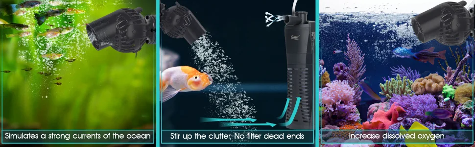 Hygger aquarium air pump creating strong currents, stirring clutter, and increasing dissolved oxygen for healthy fish tanks
